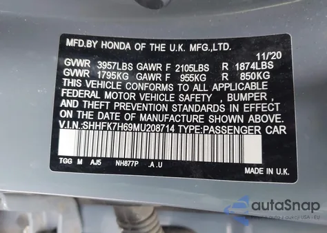 2021 Honda Civic Ex z USA, uszkodzony, nr VIN SHHFK7H69MU208714